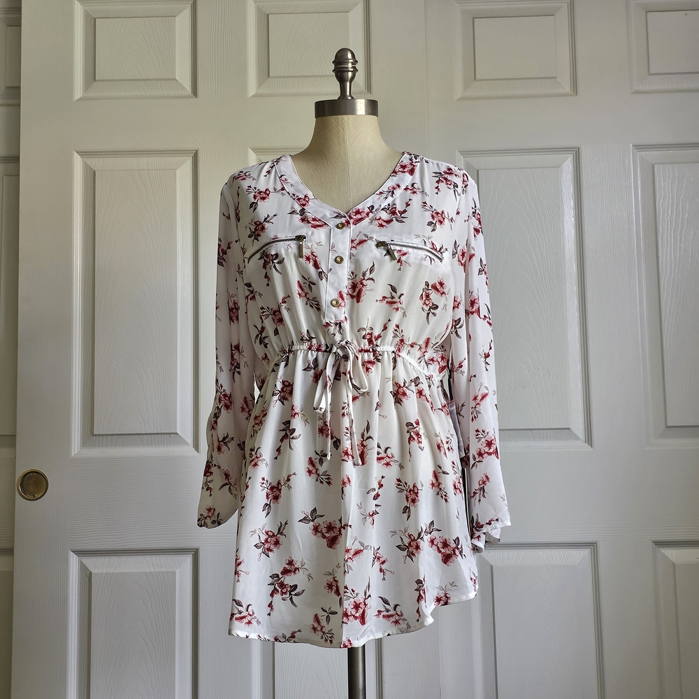 Floral Print Women's Top - White and Red